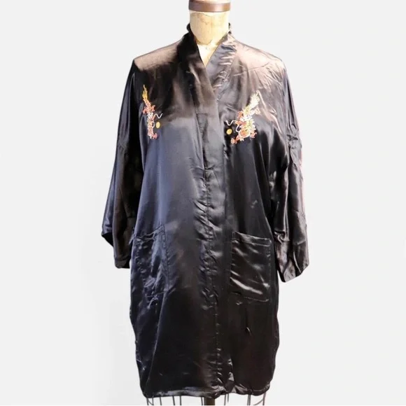 1970s Rare 100% Silk Robe with Hand Embroidered Dragons - Picture 5 of 6